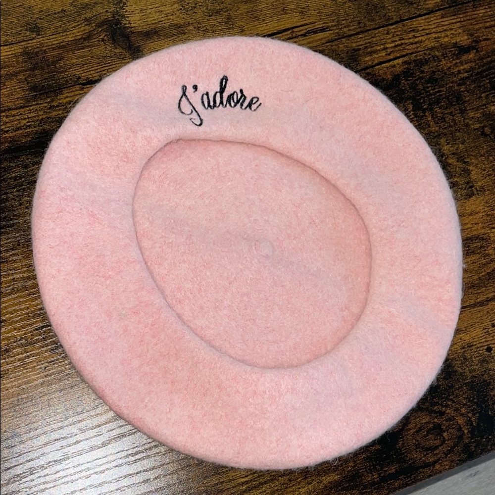 100% Wool Pink Beret with Embroidered J'adore Detail